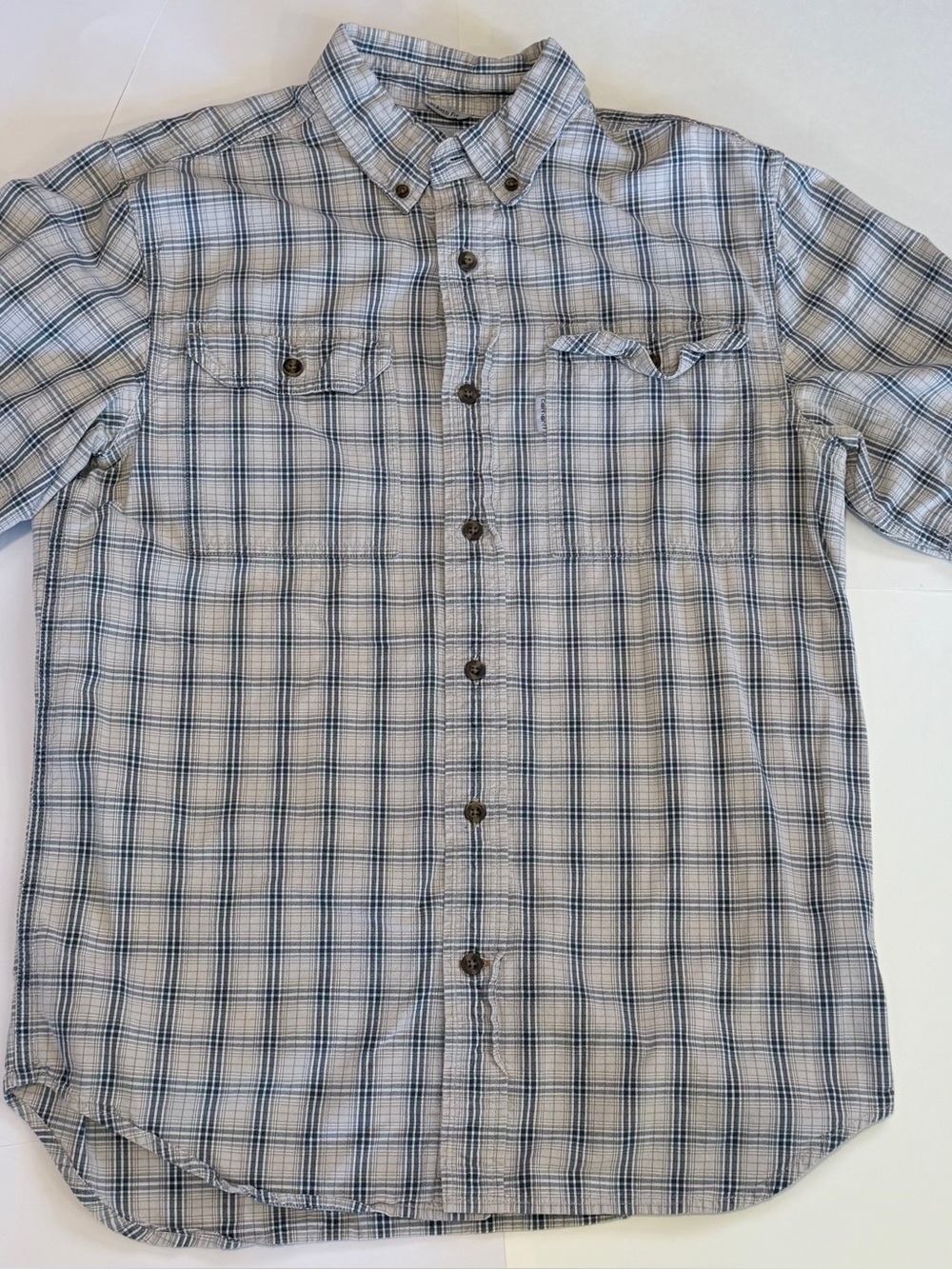 Carhartt Men’s Medium Relaxed Fit Plaid Short Sleeve Button Down Shirt Blue Gray